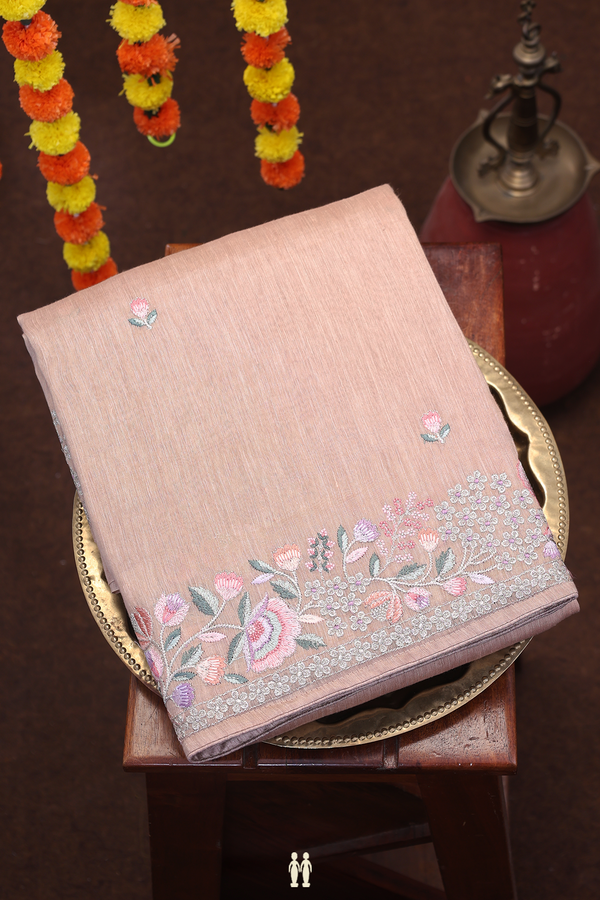 Linen Saree In Brown With Floral Threadwork Buttas