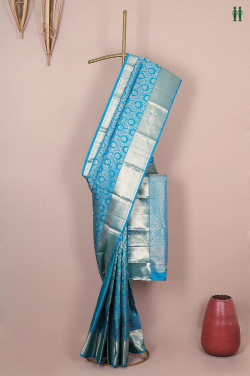 Kanchipuram Silk Saree In Blue With Floral Design