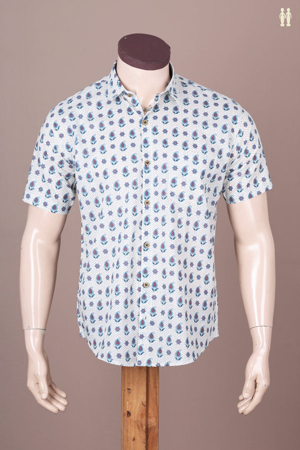 Regular Collar Printed Design White Cotton Shirt