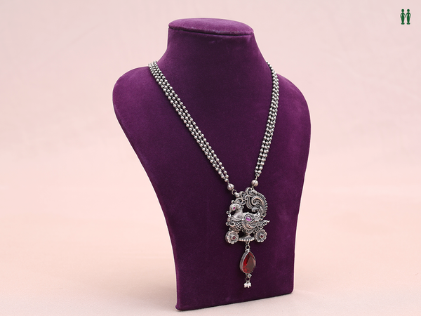 Peacock Design Oxidized Pure Silver Long Chain