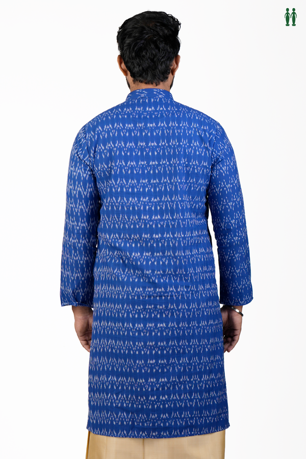 Chinese Collar Printed Design Royal Blue Cotton Long Kurta