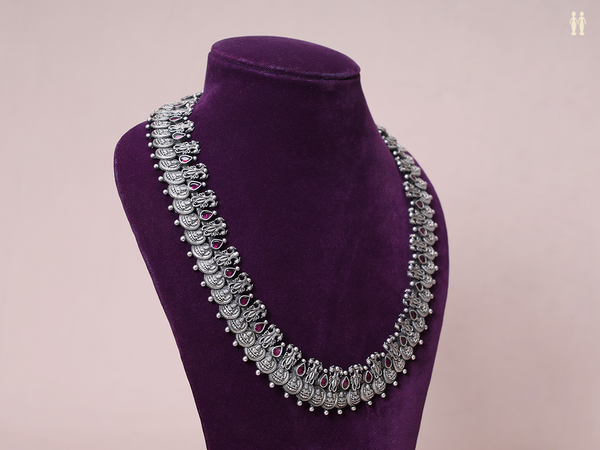 Traditional Lakshmi Coin Oxidized Silver Long Necklace