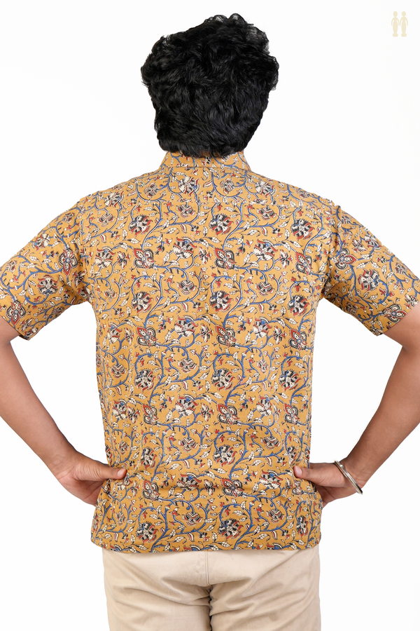 Regular Collar Floral Design Golden Brown Cotton Shirt