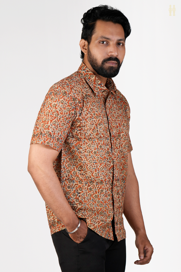 Regular Collar Floral Design Orange Kalamkari Cotton Shirt