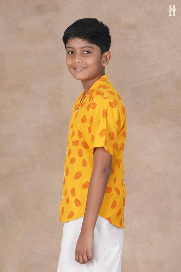 Regular Collar Mathalam Design Yellow Cotton Shirt