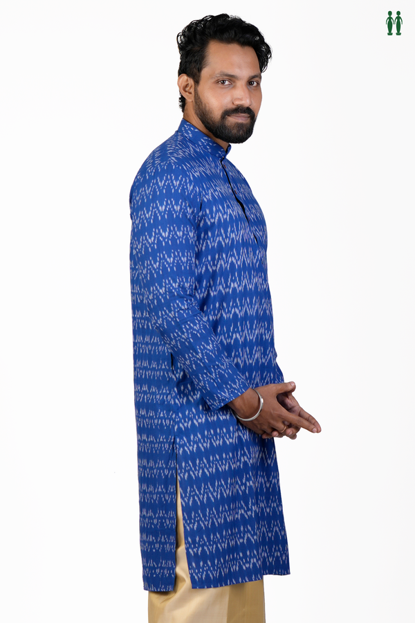 Chinese Collar Printed Design Royal Blue Cotton Long Kurta