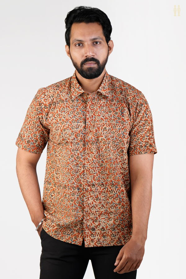 Regular Collar Floral Design Orange Kalamkari Cotton Shirt