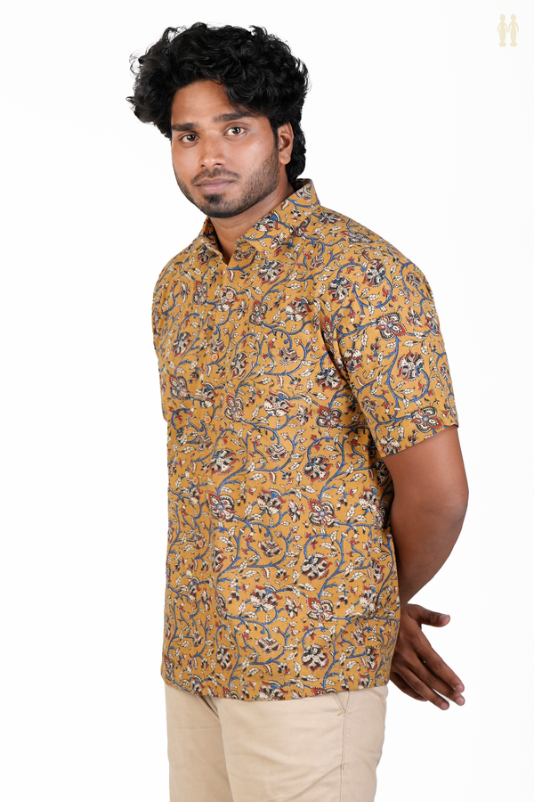 Regular Collar Floral Design Golden Brown Cotton Shirt
