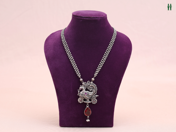 Peacock Design Oxidized Pure Silver Long Chain