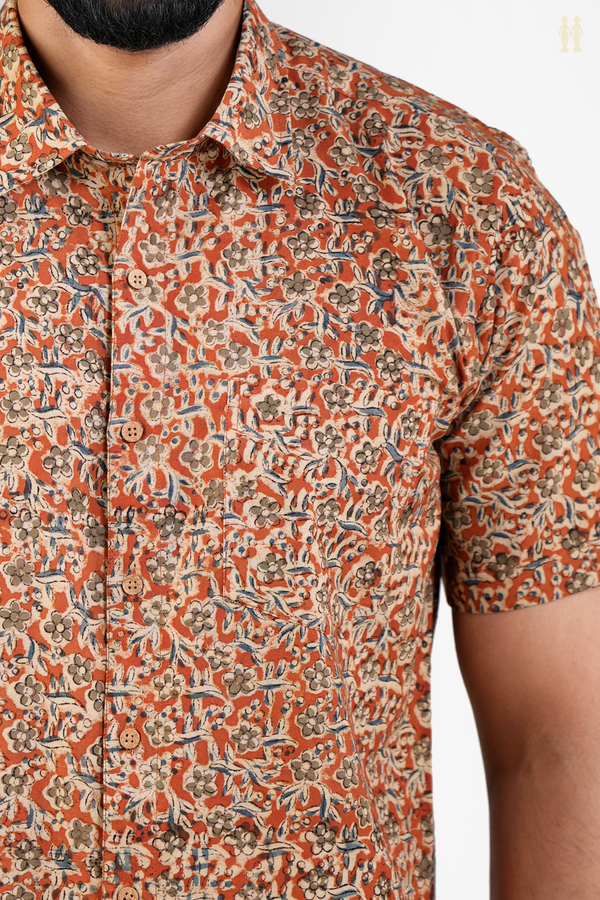 Regular Collar Floral Design Orange Kalamkari Cotton Shirt