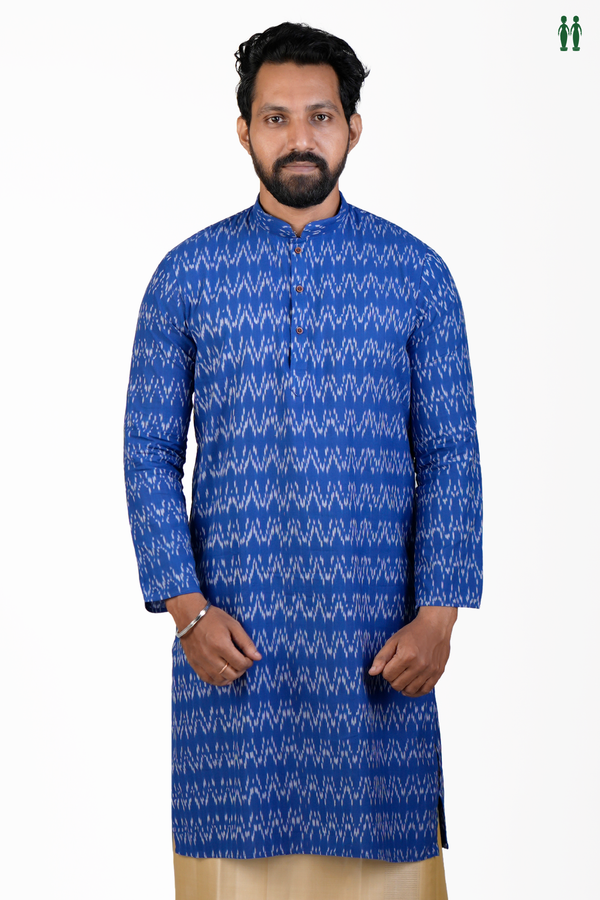 Chinese Collar Printed Design Royal Blue Cotton Long Kurta