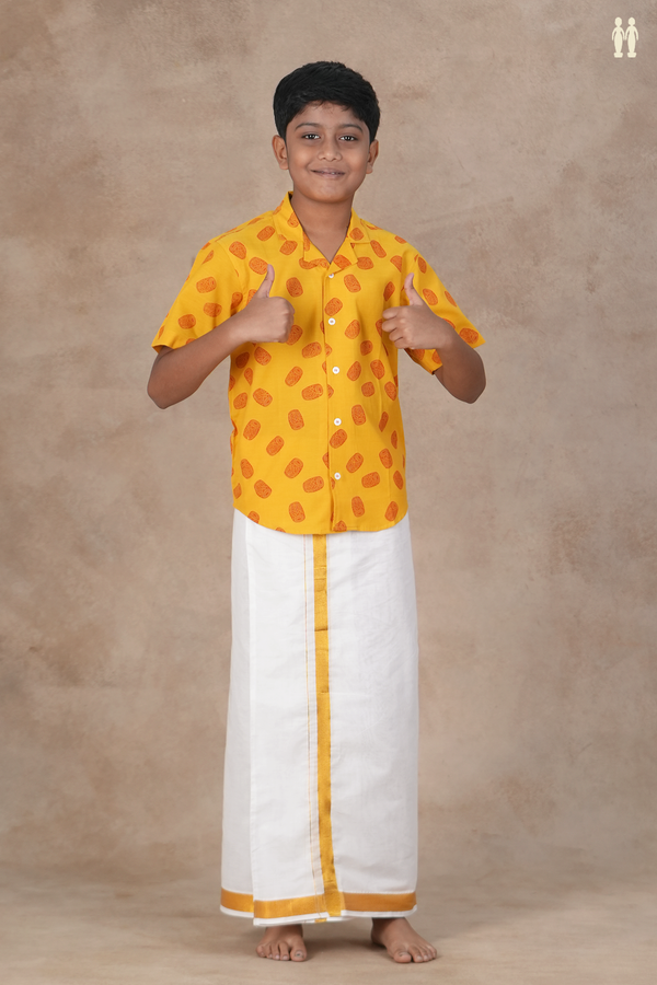 Regular Collar Mathalam Design Yellow Cotton Shirt