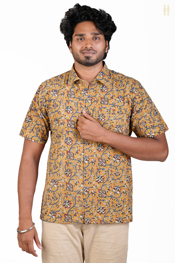 Regular Collar Floral Design Golden Brown Cotton Shirt