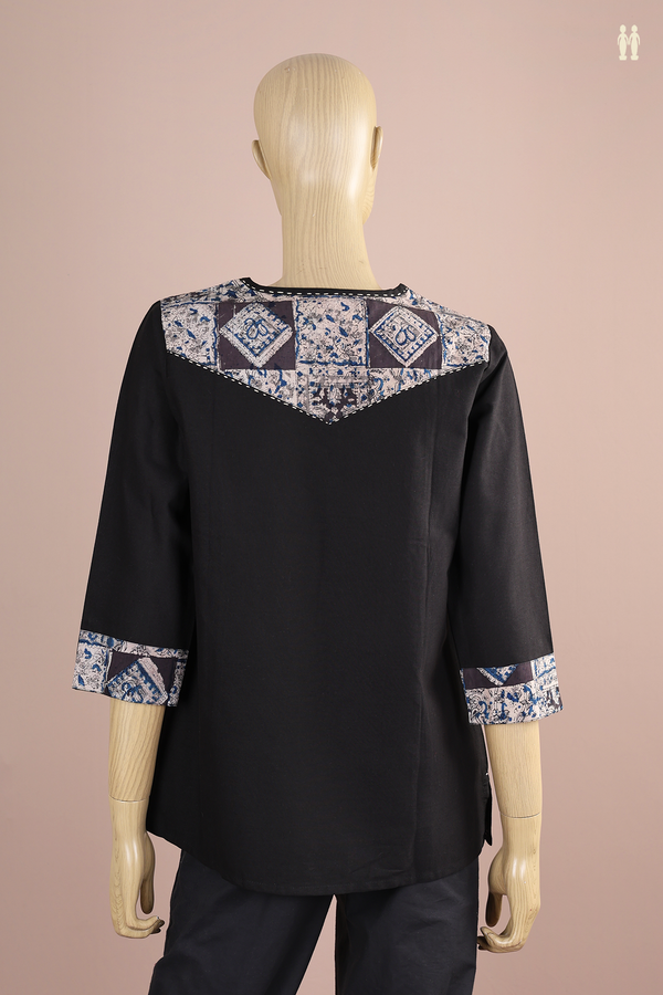 Split Neck Plain Black Cotton Short Top