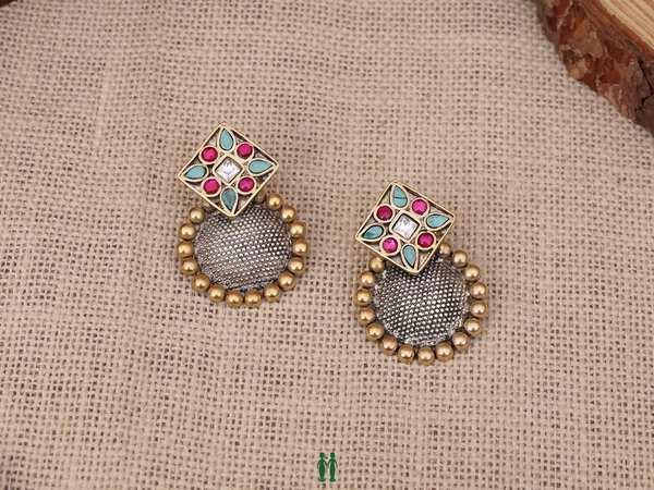 Multicolor Stone Mandala Design Gold Plated Silver Earrings