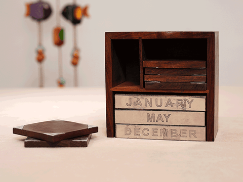 Wooden Never Ending Date Calendar With Tea Coaster For Decor