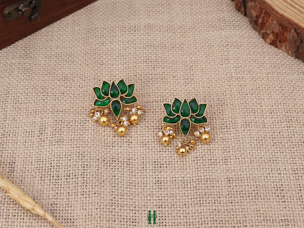 Lotus Design With Beads Gold Plated Silver Earrings