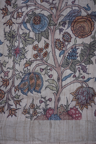 Floral Hand Painted Design Beige Tussar Silk Saree