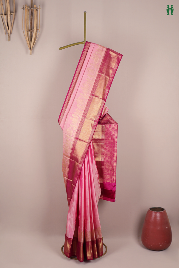 Kanchipuram Silk Saree In Pastel Pink With Floral Buttas