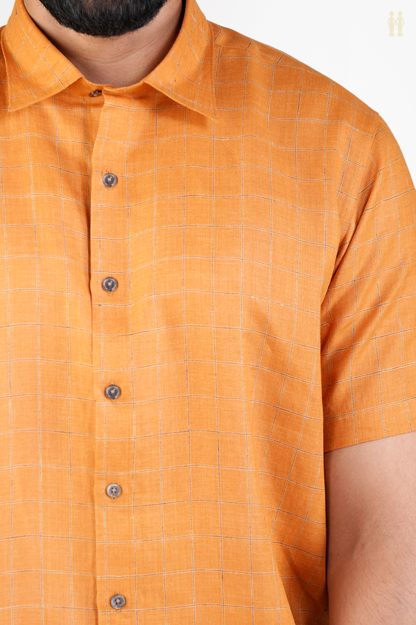 Regular Collar Checks Design Orange Linen Shirt