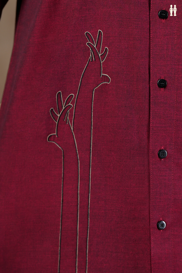Regular Collar Embroidered Design Burgundy Red Cotton Shirt