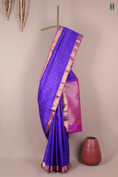 Kanchipuram Silk Saree In Royal Purple With Checks Design