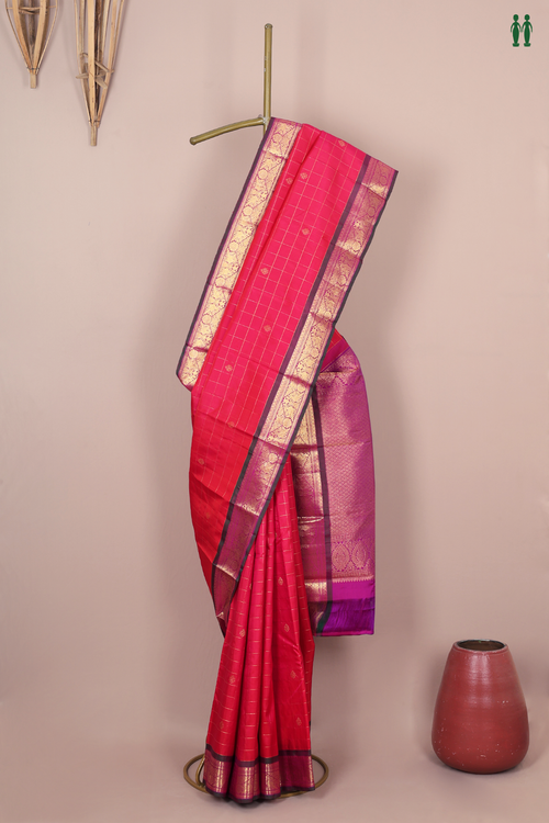 Kanchipuram Silk Saree In Rani Pink With Checks Design