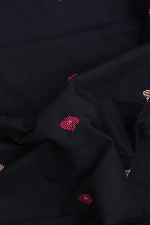 Handloom Cotton Saree In Black With Threadwork Buttas