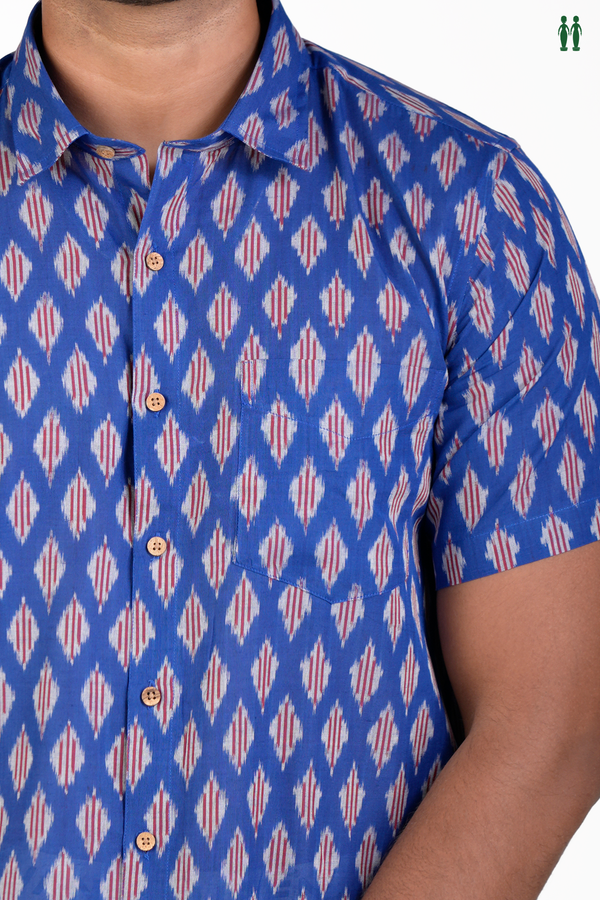 Regular Collar Printed Design Royal Blue Cotton Shirt