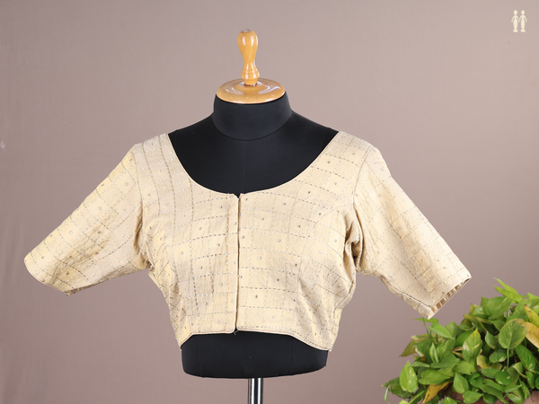 Round Neck Checks Design Tan Semi Raw Silk Readymade Blouse