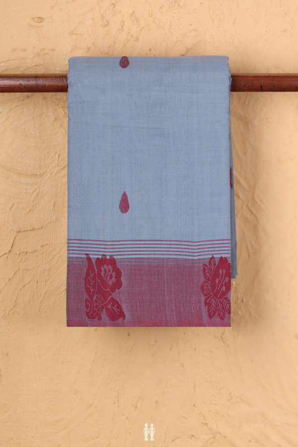 Kanchi Cotton Saree In Dusty Blue With Threadwork Buttas