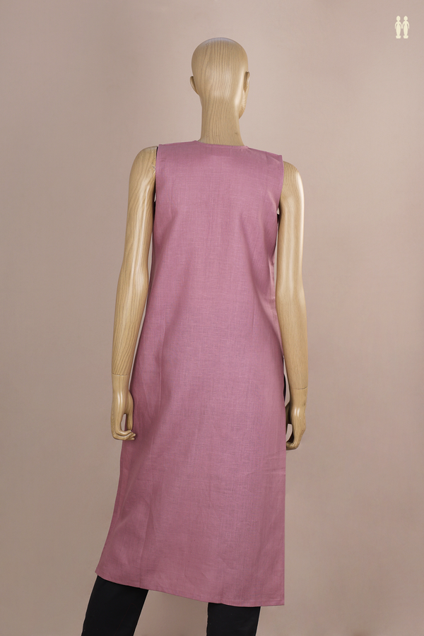 V-Neck Threadwork Buttas Dusty Purple Linen Long Kurta