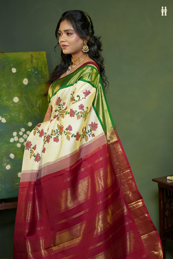 Kanchipuram Silk Saree Light Yellow With Floral Hand Painted