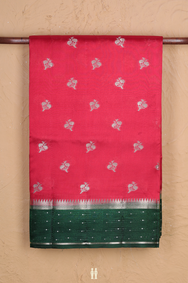 Raw Silk Saree In Crimson Red With Floral Buttas