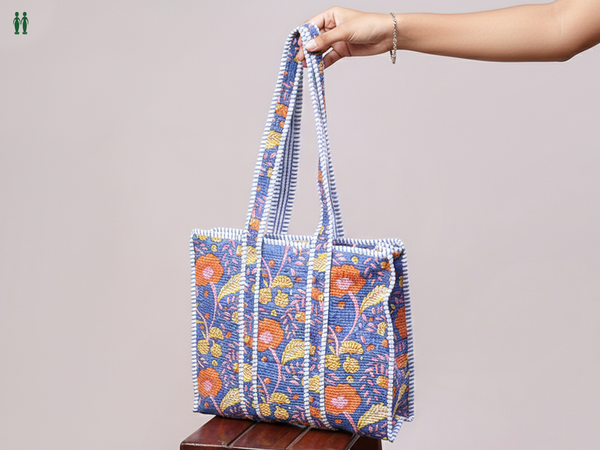 Floral Printed Design Blue Cotton Hand Bag