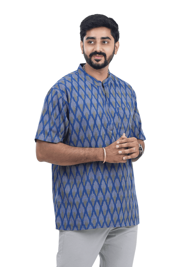 Chinese Collar Royal Blue Ikat Cotton Short Kurta