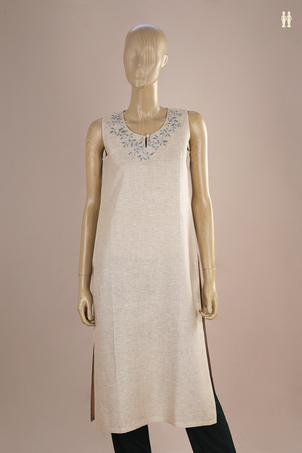 Round Neck Leaf Design White Linen Long Kurta