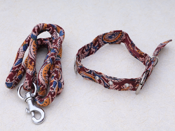 Burgundy Red Kalamkari Cotton Dog Collar With Rope Set