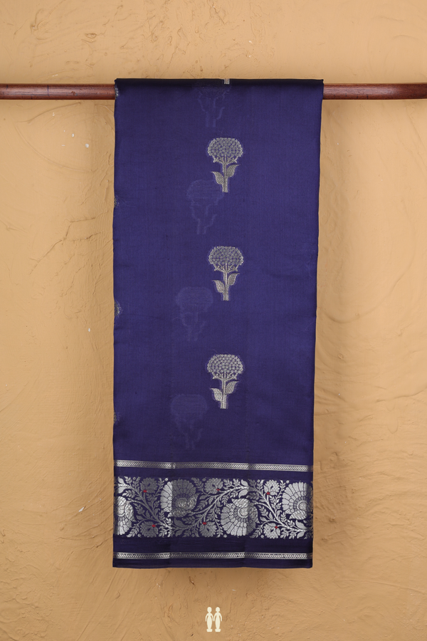 Raw Silk Saree In Navy Blue With Floral Buttas