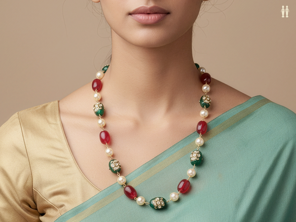 Green And Red Quartz Gold Plated Silver Chain