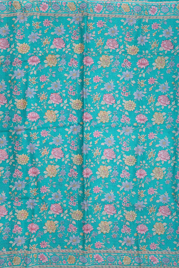 Printed Silk Saree In Green With Floral Design