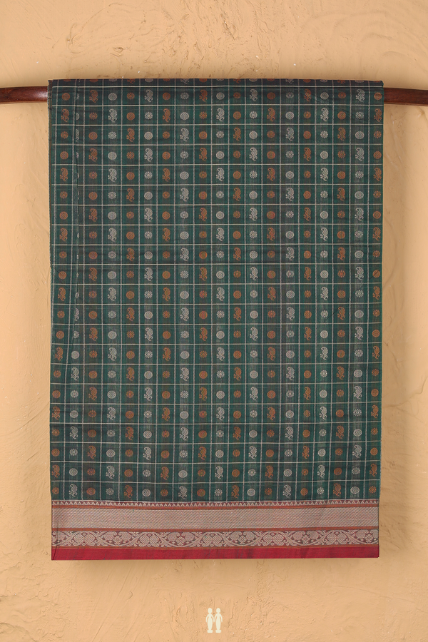 Coimbatore Cotton Saree In Forest Green With Checks Design