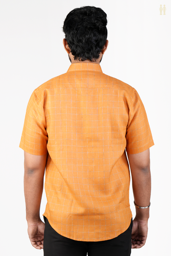 Regular Collar Checks Design Orange Linen Shirt