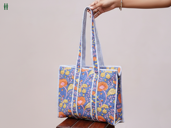 Floral Printed Design Blue Cotton Hand Bag