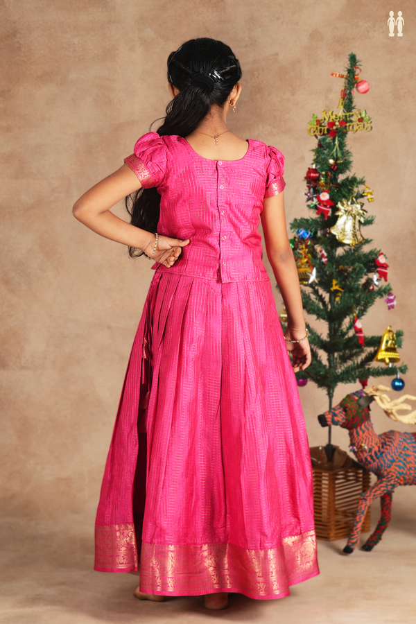 Round Neck Checks Design Pink Silk Cotton Pavadai Sattai