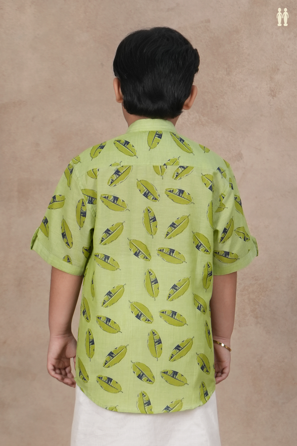 Chinese Collar Leaf Design Sage Green Cotton Shirt