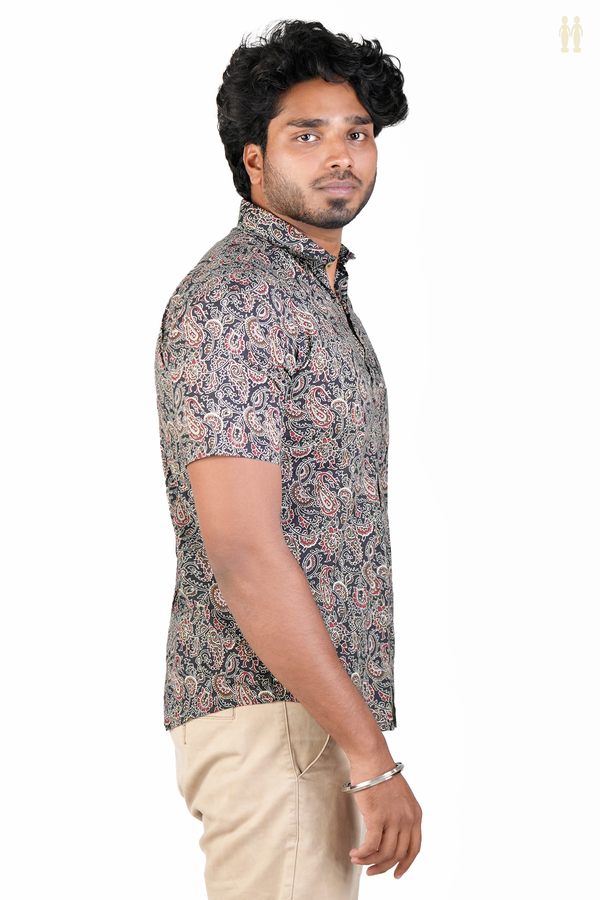 Regular Collar Printed Design Black Cotton Shirt