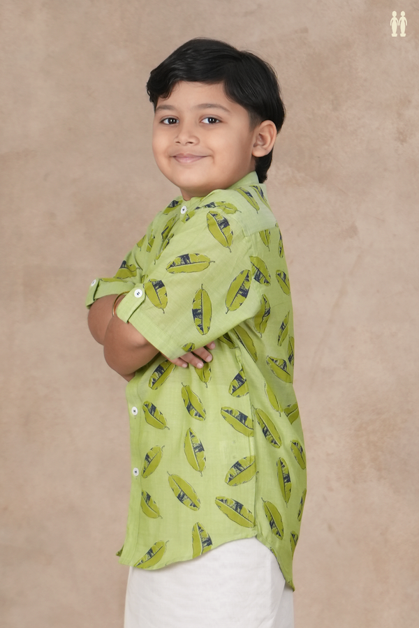 Chinese Collar Leaf Design Sage Green Cotton Shirt