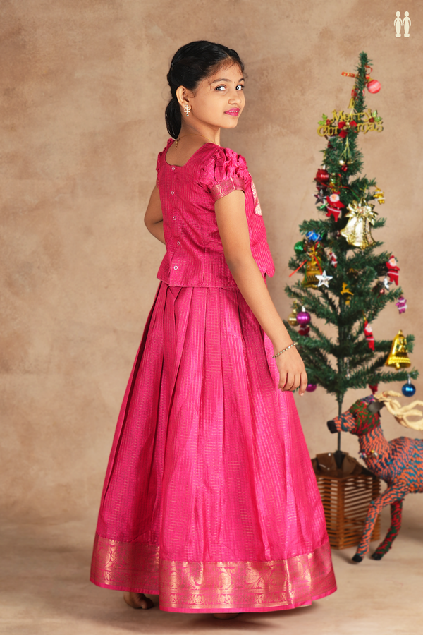 Round Neck Checks Design Pink Silk Cotton Pavadai Sattai