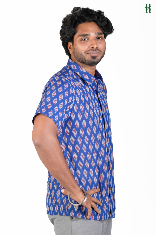 Regular Collar Printed Design Royal Blue Cotton Shirt